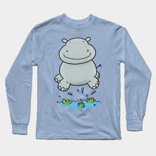 Cute baby hippo cartoon illustration Long Sleeve T-Shirt